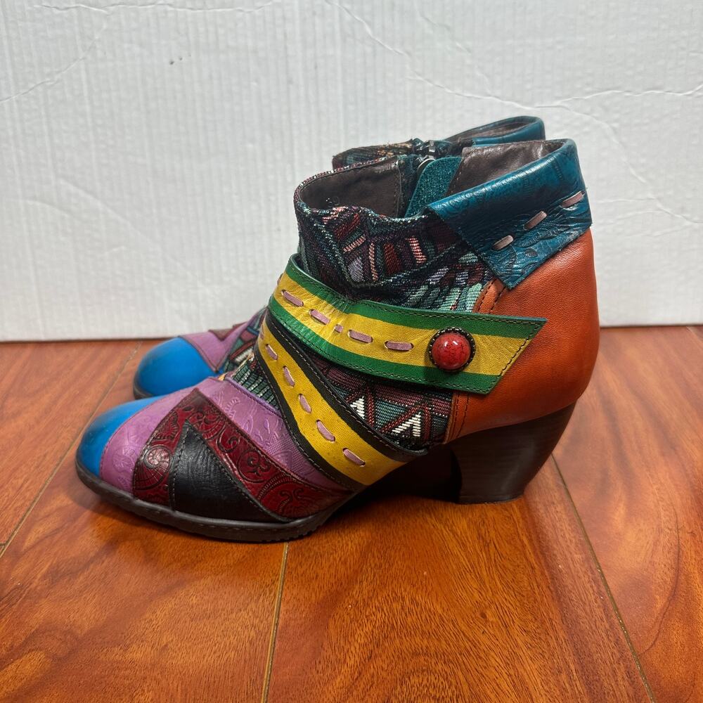SOCOFY Boho Spliced Leather/Fabric Side Zip Ankle Boots Women 39 US 8-8.5
